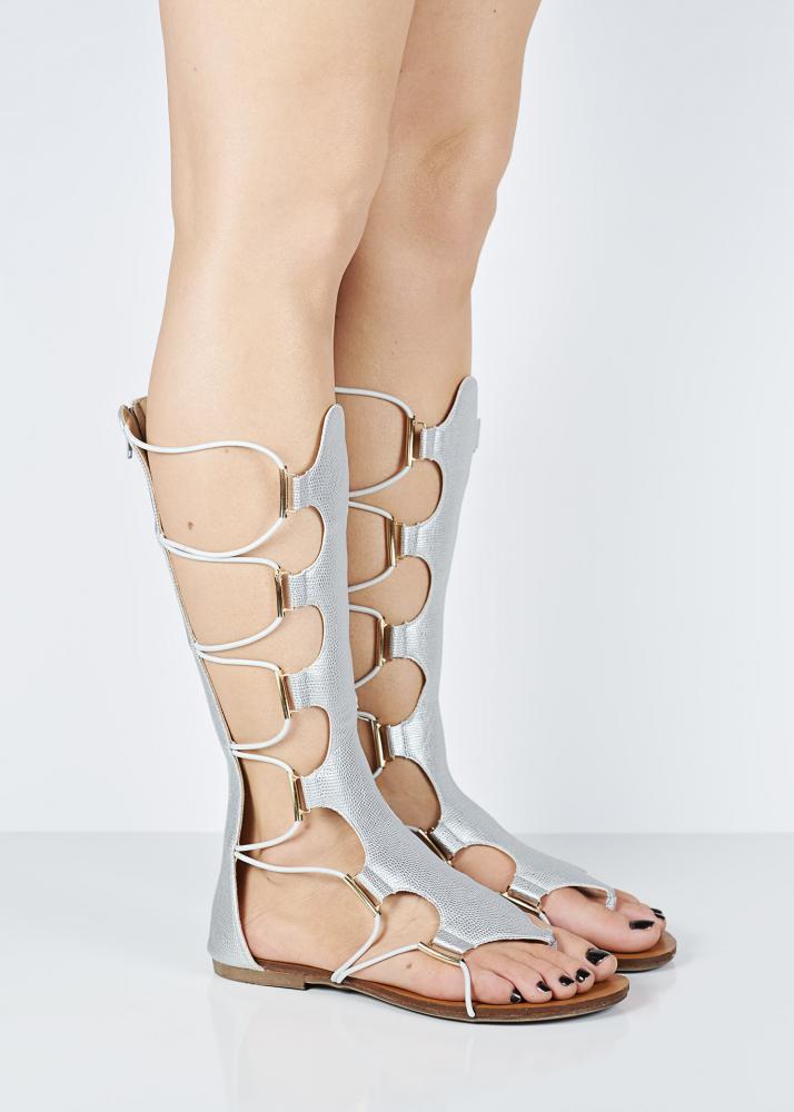 silver gladiator sandals knee high