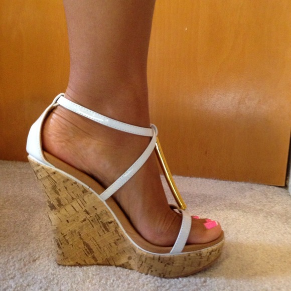 white cork wedge heels