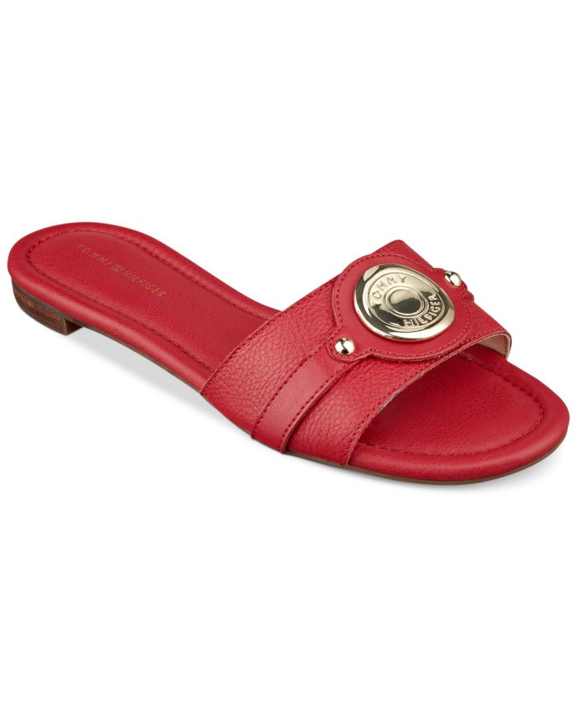 red flat slide sandals