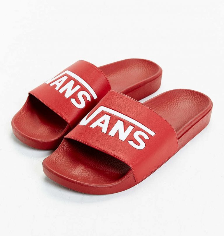 red flat slide sandals
