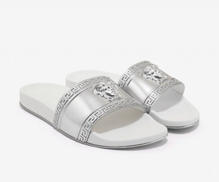 silver flat slide sandals