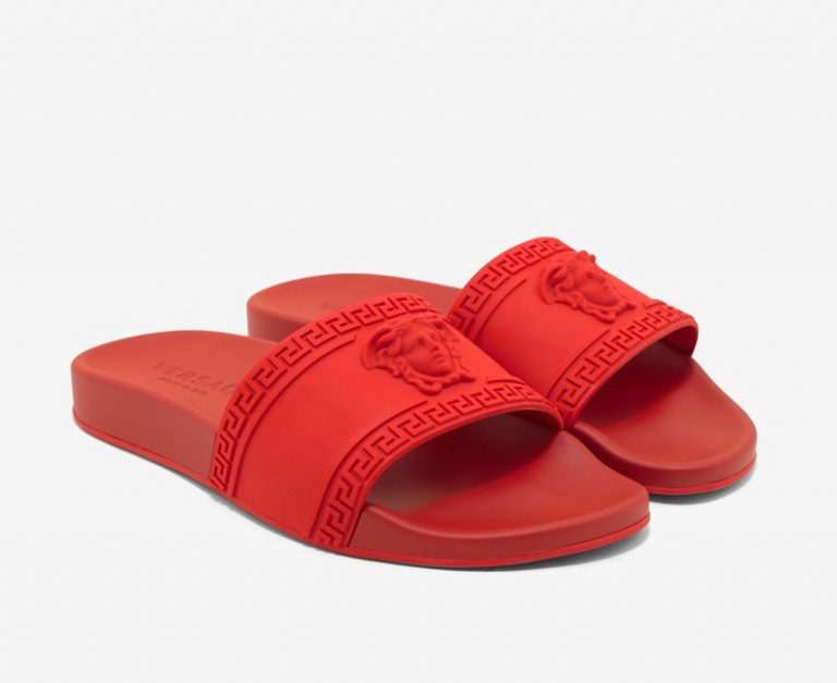 red flat slide sandals