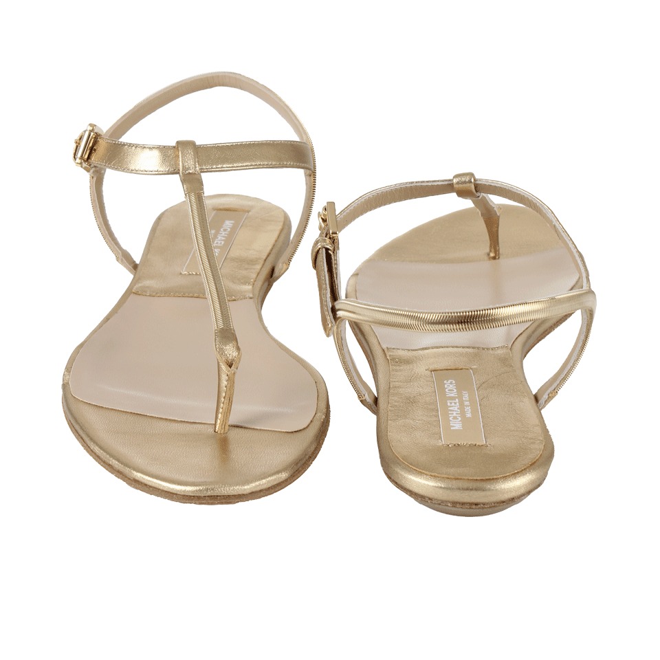 metallic t strap sandals