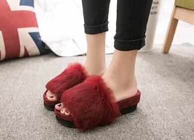 red fur sandals